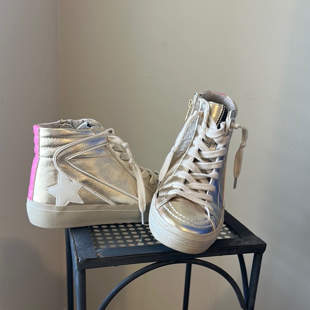 Silver and Pink High-Top Sneakers with Canvas Design